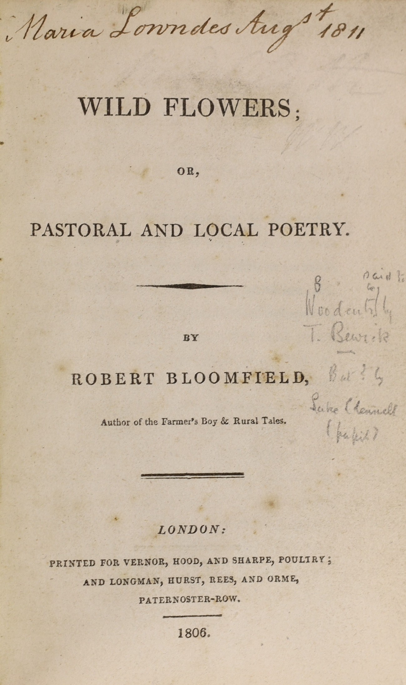 Bloomfield, Robert - Wild Flowers; or, Pastoral and Local Poetry, 1st edition, 8vo original red cloth, with 8 woodcut plates by Luke Chennell [pupil of Thomas Bewick], Vernor, Hood et al, London, 1806